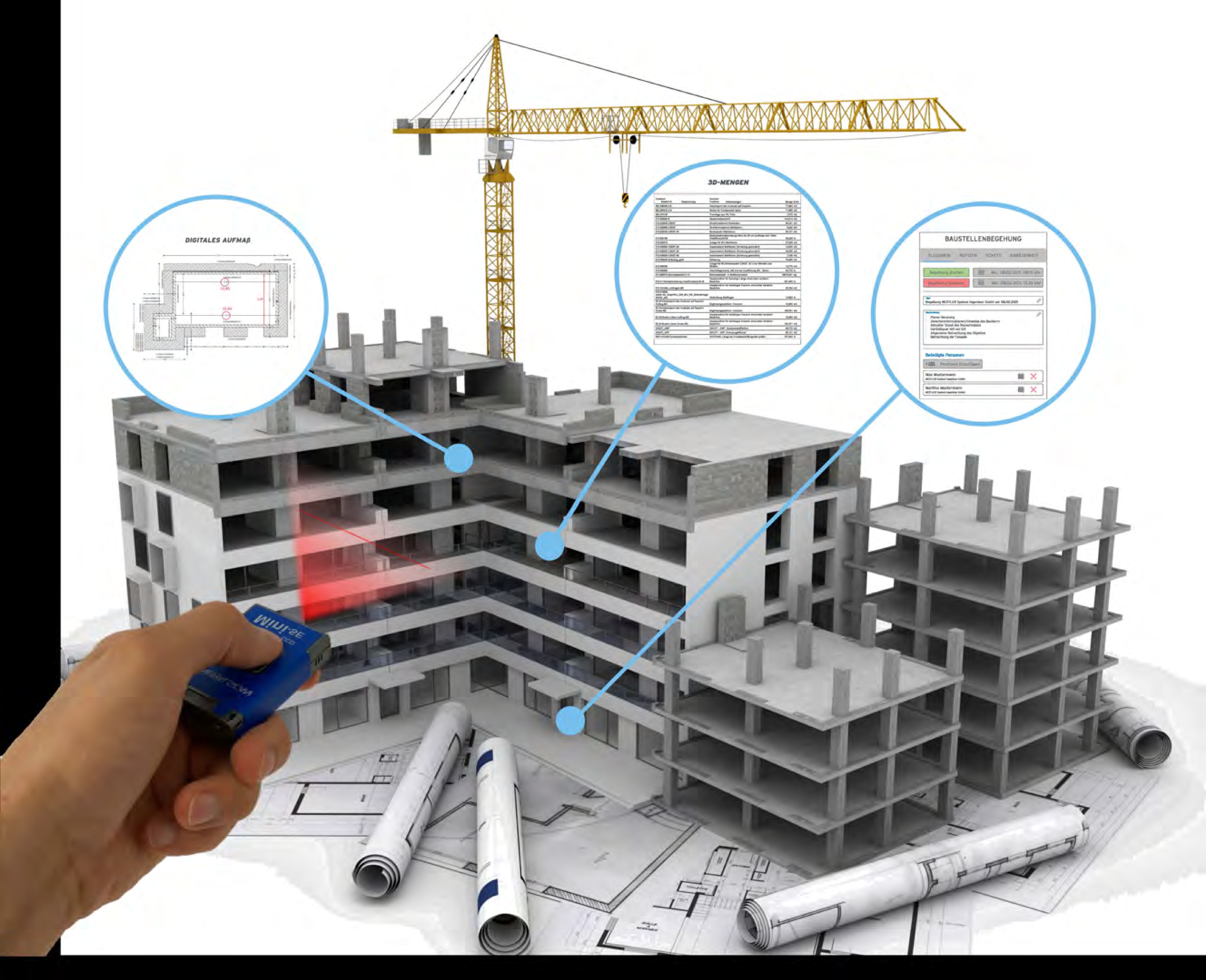 Baustelle mit Kran und 3D Modellen